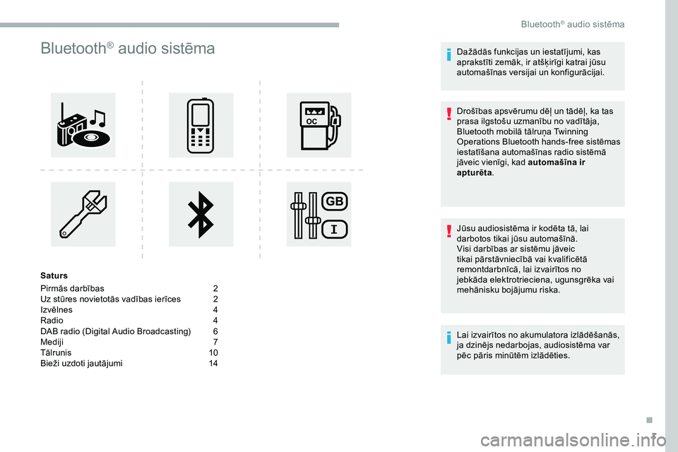 CITROEN JUMPER SPACETOURER 2020  Lietošanas Instrukcija (in Latvian) 1
Bluetooth® audio sistēma
Saturs
Pirmās darbības  
2
U

z stūres novietotās vadības ierīces   
2
I

zvēlnes   
4
R

adio   
4
D

AB radio (Digital Audio Broadcasting)   
6
M

ediji   
7
T

�