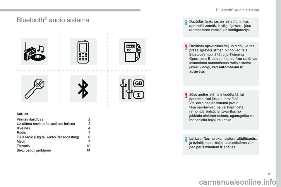 CITROEN JUMPER SPACETOURER 2020 Lietošanas Instrukcija (in Latvian) 1
Bluetooth® audio sistēma
Saturs
Pirmās darbības
2
U
z stūres novietotās vadības ierīces
2
I
zvēlnes
4
R
adio
4
D
AB radio (Digital Audio Broadcasting)
6
M
ediji
7
T
CITROEN JUMPER SPACETOURER 2020 Lietošanas Instrukcija (in Latvian) 1
Bluetooth® audio sistēma
Saturs
Pirmās darbības
2
U
z stūres novietotās vadības ierīces
2
I
zvēlnes
4
R
adio
4
D
AB radio (Digital Audio Broadcasting)
6
M
ediji
7
T