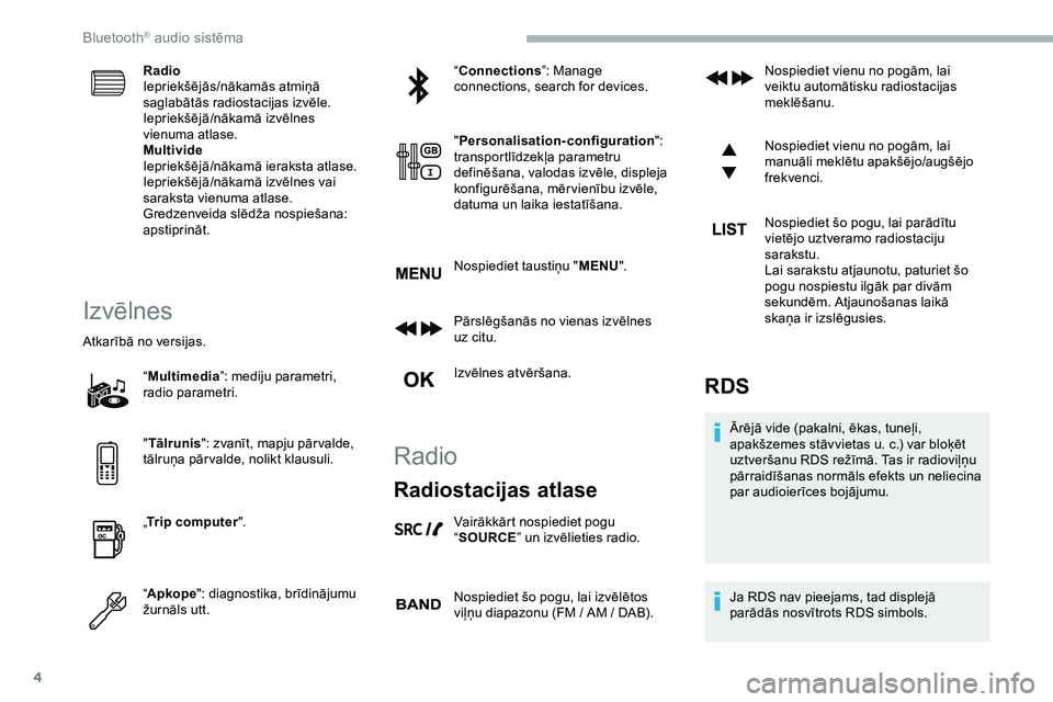 CITROEN JUMPER SPACETOURER 2020 Lietošanas Instrukcija (in Latvian) 4
Radio
Iepriekšējās/nākamās atmiņā
saglabātās radiostacijas izvēle.
Iepriekšējā/nākamā izvēlnes
vienuma atlase.
Multivide
Iepriekšējā/nākamā ieraksta atlase.
Iepriekšējā/nā CITROEN JUMPER SPACETOURER 2020 Lietošanas Instrukcija (in Latvian) 4
Radio
Iepriekšējās/nākamās atmiņā
saglabātās radiostacijas izvēle.
Iepriekšējā/nākamā izvēlnes
vienuma atlase.
Multivide
Iepriekšējā/nākamā ieraksta atlase.
Iepriekšējā/nā