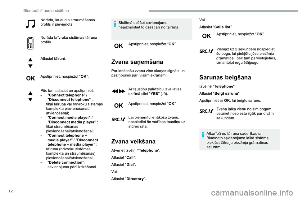 CITROEN JUMPER SPACETOURER 2020 Lietošanas Instrukcija (in Latvian) 12
Norāda, ka audio straumēšanas
profils ir pievienots.
Norāda brīvroku sistēmas tālruņa
profilu.
Atlasiet tālruni.
Apstipriniet, nospiežot “OK”.
Pēc tam atlasiet un apstipriniet:
-
CITROEN JUMPER SPACETOURER 2020 Lietošanas Instrukcija (in Latvian) 12
Norāda, ka audio straumēšanas
profils ir pievienots.
Norāda brīvroku sistēmas tālruņa
profilu.
Atlasiet tālruni.
Apstipriniet, nospiežot “OK”.
Pēc tam atlasiet un apstipriniet:
-