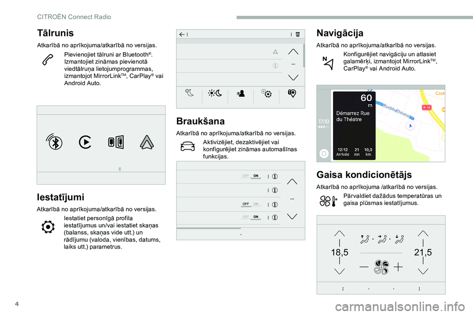 CITROEN JUMPER SPACETOURER 2020 Lietošanas Instrukcija (in Latvian) 4
21,518,5
Tālrunis
Atkarībā no aprīkojuma/atkarībā no versijas.Pievienojiet tālruni ar Bluetooth®.
Izmantojiet zināmas pievienotā
viedtālruņa lietojumprogrammas,
izmantojot MirrorLink
T CITROEN JUMPER SPACETOURER 2020 Lietošanas Instrukcija (in Latvian) 4
21,518,5
Tālrunis
Atkarībā no aprīkojuma/atkarībā no versijas.Pievienojiet tālruni ar Bluetooth®.
Izmantojiet zināmas pievienotā
viedtālruņa lietojumprogrammas,
izmantojot MirrorLink
T