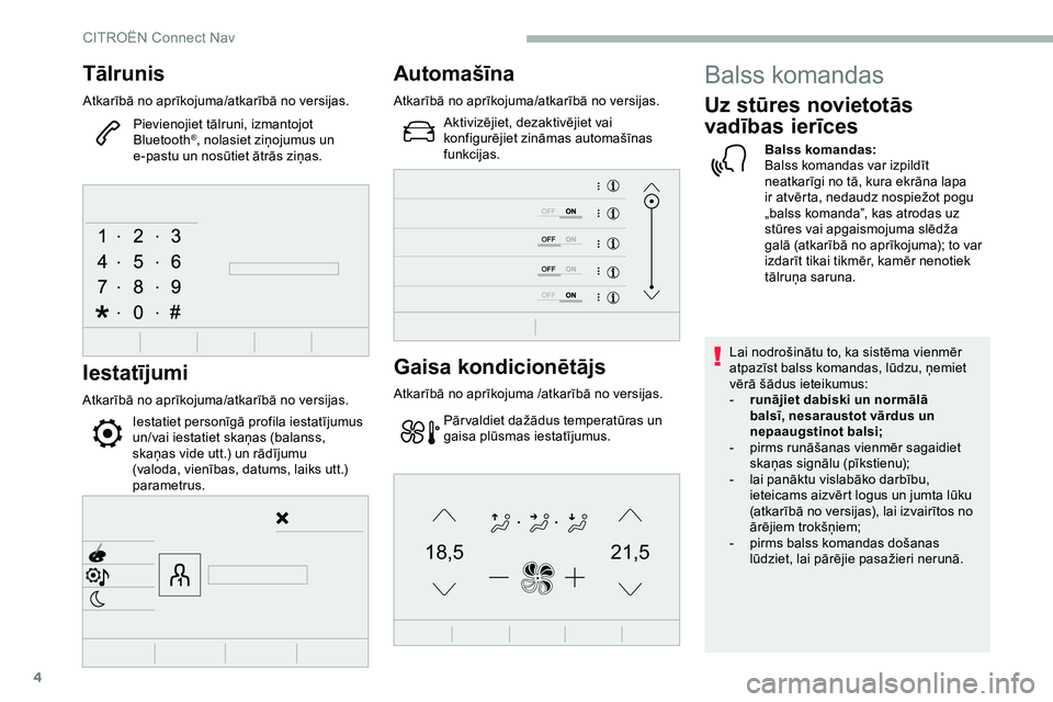 CITROEN JUMPER SPACETOURER 2020 Lietošanas Instrukcija (in Latvian) 4
21,518,5
Tālrunis
Atkarībā no aprīkojuma/atkarībā no versijas.Pievienojiet tālruni, izmantojot
Bluetooth
®, nolasiet ziņojumus un
e-pastu un nosūtiet ātrās ziņas.
Iestatījumi
Atkarī CITROEN JUMPER SPACETOURER 2020 Lietošanas Instrukcija (in Latvian) 4
21,518,5
Tālrunis
Atkarībā no aprīkojuma/atkarībā no versijas.Pievienojiet tālruni, izmantojot
Bluetooth
®, nolasiet ziņojumus un
e-pastu un nosūtiet ātrās ziņas.
Iestatījumi
Atkarī