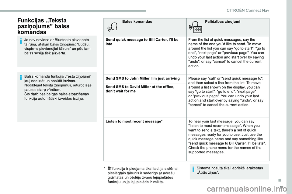CITROEN JUMPER SPACETOURER 2020  Lietošanas Instrukcija (in Latvian) 11
Funkcijas „Teksta 
paziņojums” balss 
komandas
Ja nav neviena ar Bluetooth pievienota 
tālruņa, atskan balss ziņojums: “Lūdzu, 
vispirms pievienojiet tālruni” un pēc tam 
balss sesij