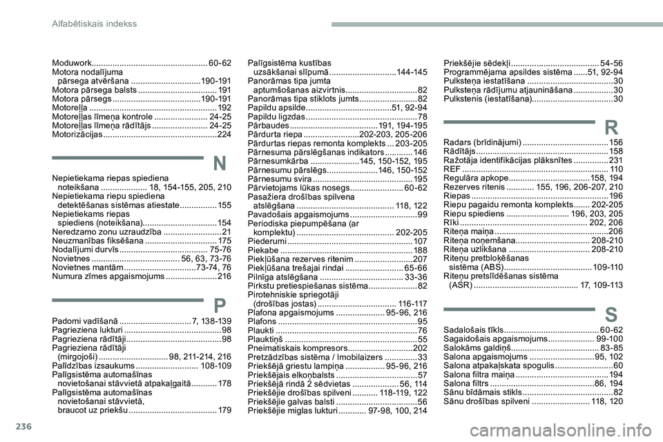 CITROEN JUMPER SPACETOURER 2020 Lietošanas Instrukcija (in Latvian) 236
P
Padomi vadīšanā ...............................7 , 13 8 -13 9
Pagrieziena lukturi ............................... ...........98
Pagrieziena rādītāji
..................................... CITROEN JUMPER SPACETOURER 2020 Lietošanas Instrukcija (in Latvian) 236
P
Padomi vadīšanā ...............................7 , 13 8 -13 9
Pagrieziena lukturi ............................... ...........98
Pagrieziena rādītāji
.....................................