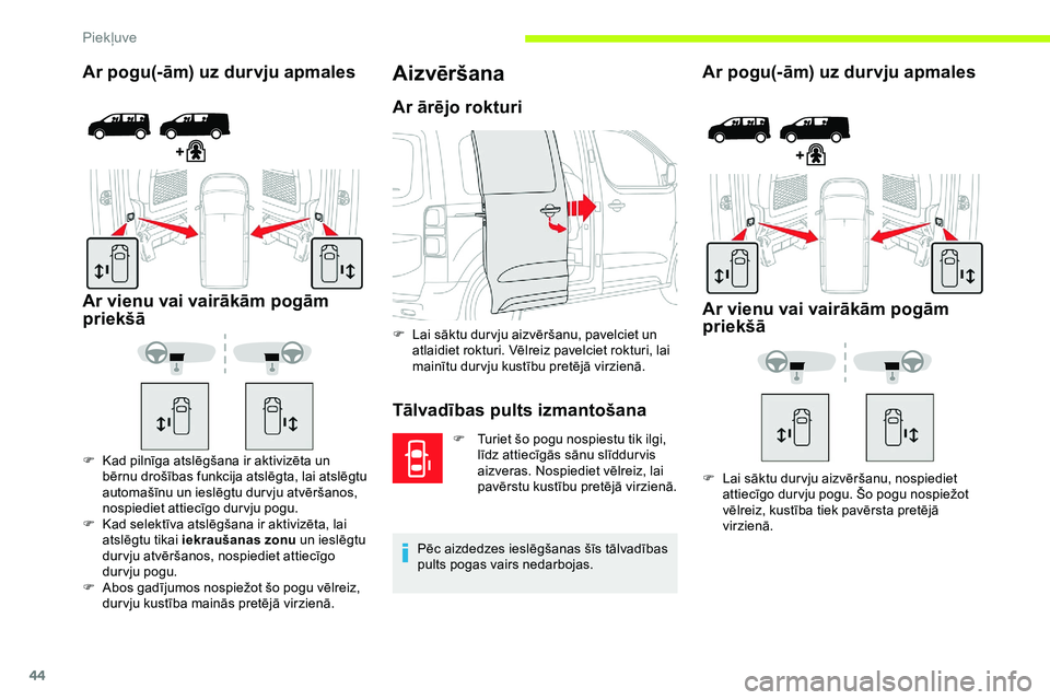CITROEN JUMPER SPACETOURER 2020 Lietošanas Instrukcija (in Latvian) 44
Ar pogu(-ām) uz durvju apmales
Ar vienu vai vairākām pogām
priekšā
F Kad pilnīga atslēgšana ir aktivizēta un bērnu drošības funkcija atslēgta, lai atslēgtu
automašīnu un ieslēg CITROEN JUMPER SPACETOURER 2020 Lietošanas Instrukcija (in Latvian) 44
Ar pogu(-ām) uz durvju apmales
Ar vienu vai vairākām pogām
priekšā
F Kad pilnīga atslēgšana ir aktivizēta un bērnu drošības funkcija atslēgta, lai atslēgtu
automašīnu un ieslēg