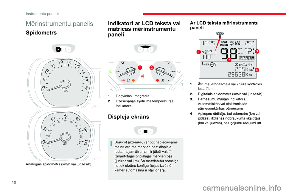 CITROEN JUMPER SPACETOURER 2018 Lietošanas Instrukcija (in Latvian) 10
Mērinstrumentu panelis
Spidometrs
Analogais spidometrs (km/h vai jūdzes/h).
Indikatori ar LCD teksta vai
matricas mērinstrumentu
paneli
1.Degvielas līmeņrādis
2. Dzesēšanas šķidruma tem CITROEN JUMPER SPACETOURER 2018 Lietošanas Instrukcija (in Latvian) 10
Mērinstrumentu panelis
Spidometrs
Analogais spidometrs (km/h vai jūdzes/h).
Indikatori ar LCD teksta vai
matricas mērinstrumentu
paneli
1.Degvielas līmeņrādis
2. Dzesēšanas šķidruma tem