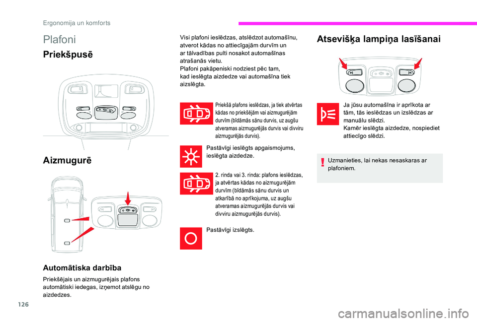 CITROEN JUMPER SPACETOURER 2018 Lietošanas Instrukcija (in Latvian) 126
Plafoni
Priekšpusē
Aizmugurē
Automātiska darbība
Priekšējais un aizmugurējais plafons
automātiski iedegas, izņemot atslēgu no
aizdedzes.
Priekšā plafons ieslēdzas, ja tiek atvērta CITROEN JUMPER SPACETOURER 2018 Lietošanas Instrukcija (in Latvian) 126
Plafoni
Priekšpusē
Aizmugurē
Automātiska darbība
Priekšējais un aizmugurējais plafons
automātiski iedegas, izņemot atslēgu no
aizdedzes.
Priekšā plafons ieslēdzas, ja tiek atvērta