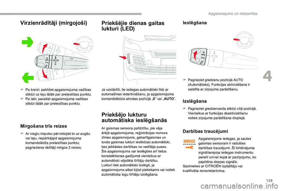 CITROEN JUMPER SPACETOURER 2018 Lietošanas Instrukcija (in Latvian) 129
Mirgošana trīs reizes
F Ar vieglu impulsu pār vietojiet to uz augšu vai leju, nepārkāpjot apgaismojuma
komandslēdža pretestības punktu;
pagrieziena rādītāji mirgos 3 reizes.
Priekš CITROEN JUMPER SPACETOURER 2018 Lietošanas Instrukcija (in Latvian) 129
Mirgošana trīs reizes
F Ar vieglu impulsu pār vietojiet to uz augšu vai leju, nepārkāpjot apgaismojuma
komandslēdža pretestības punktu;
pagrieziena rādītāji mirgos 3 reizes.
Priekš