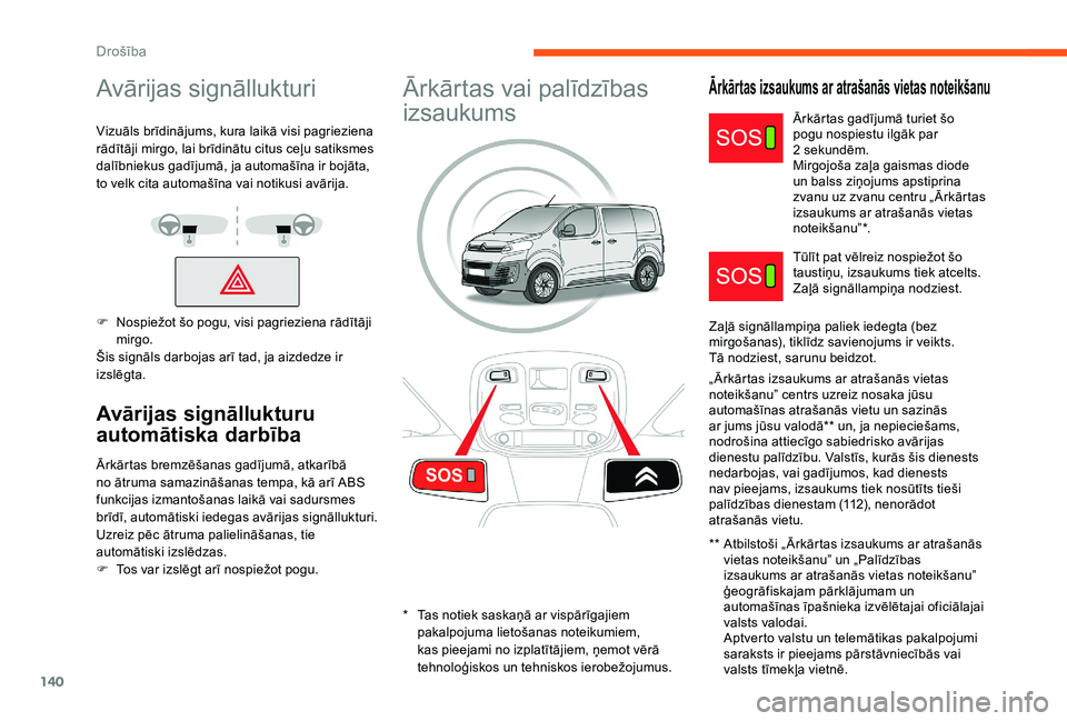 CITROEN JUMPER SPACETOURER 2018  Lietošanas Instrukcija (in Latvian) 140
Avārijas signāllukturi
Vizuāls brīdinājums, kura laikā visi pagrieziena 
rādītāji mirgo, lai brīdinātu citus ceļu satiksmes 
dalībniekus gadījumā, ja automašīna ir bojāta, 
to ve