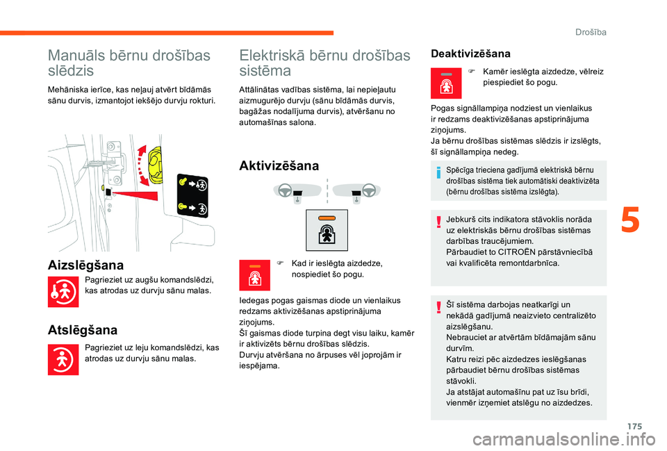 CITROEN JUMPER SPACETOURER 2018 Lietošanas Instrukcija (in Latvian) 175
Manuāls bērnu drošības
slēdzis
Mehāniska ierīce, kas neļauj atvērt bīdāmās
sānu dur vis, izmantojot iekšējo dur vju rokturi.
Elektriskā bērnu drošības
sistēma
Attālinātas CITROEN JUMPER SPACETOURER 2018 Lietošanas Instrukcija (in Latvian) 175
Manuāls bērnu drošības
slēdzis
Mehāniska ierīce, kas neļauj atvērt bīdāmās
sānu dur vis, izmantojot iekšējo dur vju rokturi.
Elektriskā bērnu drošības
sistēma
Attālinātas