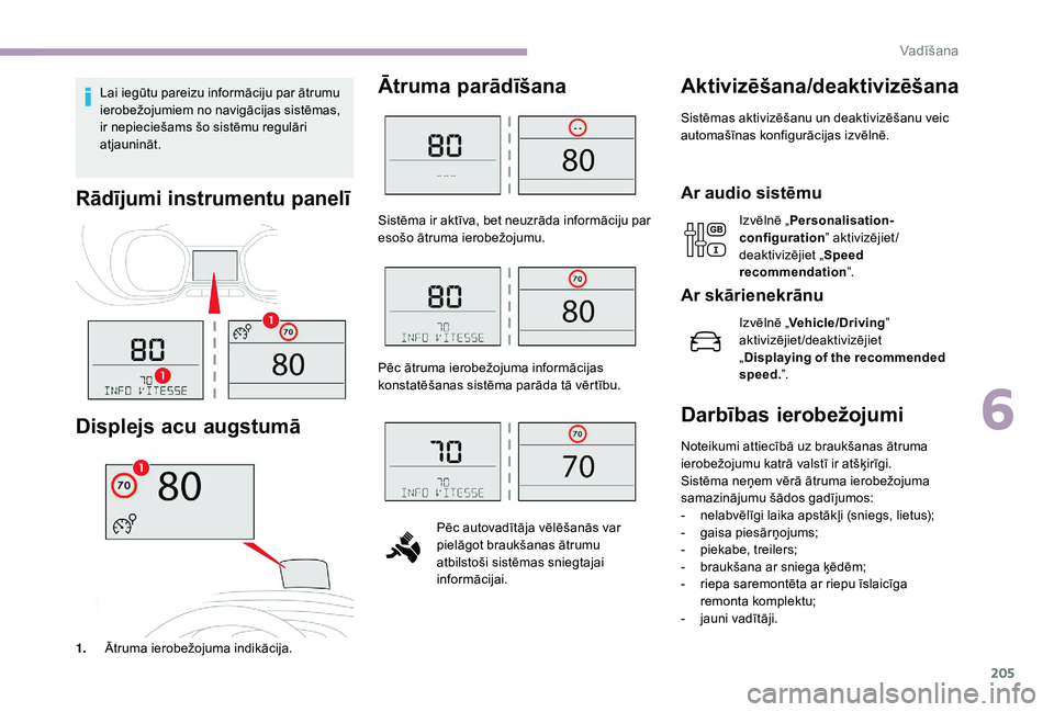 CITROEN JUMPER SPACETOURER 2018 Lietošanas Instrukcija (in Latvian) 205
Lai iegūtu pareizu informāciju par ātrumu
ierobežojumiem no navigācijas sistēmas,
ir nepieciešams šo sistēmu regulāri
atjaunināt.
Rādījumi instrumentu panelī
Displejs acu augstum CITROEN JUMPER SPACETOURER 2018 Lietošanas Instrukcija (in Latvian) 205
Lai iegūtu pareizu informāciju par ātrumu
ierobežojumiem no navigācijas sistēmas,
ir nepieciešams šo sistēmu regulāri
atjaunināt.
Rādījumi instrumentu panelī
Displejs acu augstum