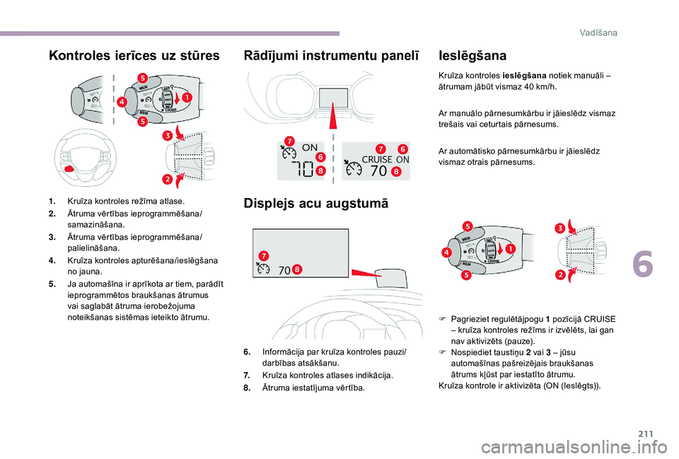 CITROEN JUMPER SPACETOURER 2018 Lietošanas Instrukcija (in Latvian) 211
Kontroles ierīces uz stūresRādījumi instrumentu panelī
Displejs acu augstumā
6.Informācija par kruīza kontroles pauzi/
darbības atsākšanu.
7. Kruīza kontroles atlases indikācija.
8. CITROEN JUMPER SPACETOURER 2018 Lietošanas Instrukcija (in Latvian) 211
Kontroles ierīces uz stūresRādījumi instrumentu panelī
Displejs acu augstumā
6.Informācija par kruīza kontroles pauzi/
darbības atsākšanu.
7. Kruīza kontroles atlases indikācija.
8.