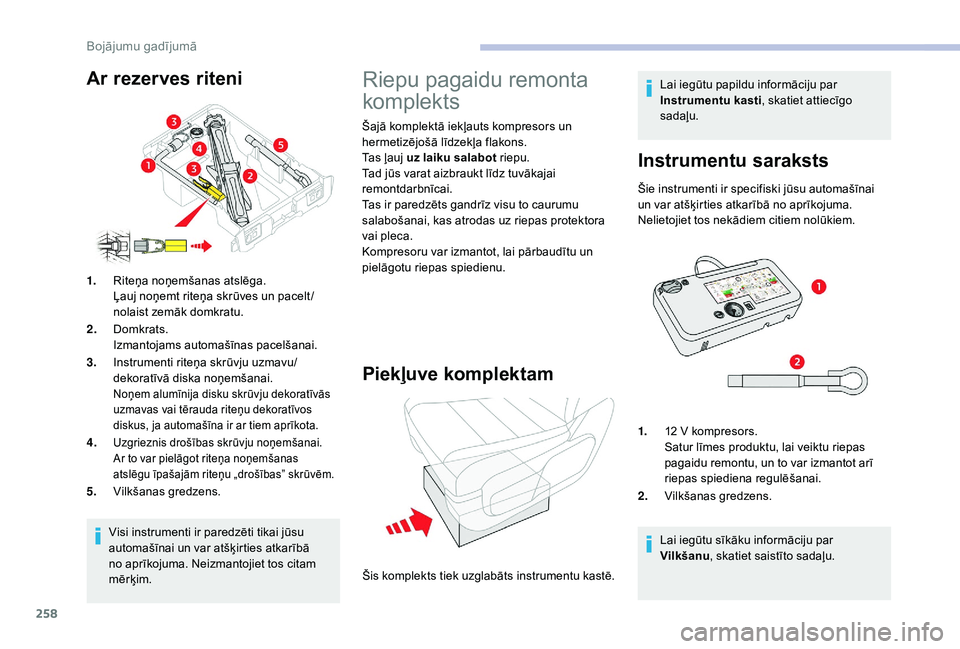 CITROEN JUMPER SPACETOURER 2018 Lietošanas Instrukcija (in Latvian) 258
Visi instrumenti ir paredzēti tikai jūsu
automašīnai un var atšķirties atkarībā
no aprīkojuma. Neizmantojiet tos citam
mērķim.
1.
Riteņa noņemšanas atslēga.
Ļauj noņemt riteņa CITROEN JUMPER SPACETOURER 2018 Lietošanas Instrukcija (in Latvian) 258
Visi instrumenti ir paredzēti tikai jūsu
automašīnai un var atšķirties atkarībā
no aprīkojuma. Neizmantojiet tos citam
mērķim.
1.
Riteņa noņemšanas atslēga.
Ļauj noņemt riteņa