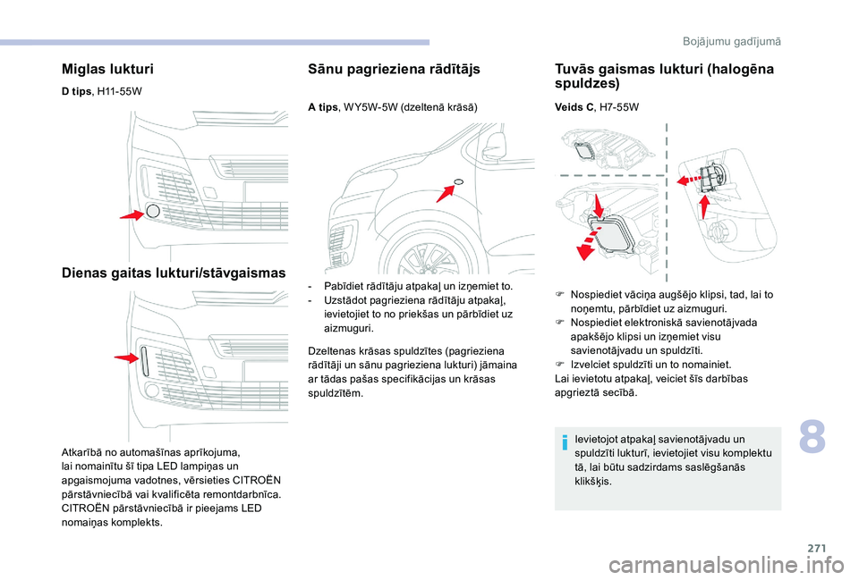 CITROEN JUMPER SPACETOURER 2018 Lietošanas Instrukcija (in Latvian) 271
Miglas lukturi
D tips, H11-55W
Dienas gaitas lukturi/stāvgaismas
Atkarībā no automašīnas aprīkojuma,
lai nomainītu šī tipa LED lampiņas un
apgaismojuma vadotnes, vērsieties CITROËN
CITROEN JUMPER SPACETOURER 2018 Lietošanas Instrukcija (in Latvian) 271
Miglas lukturi
D tips, H11-55W
Dienas gaitas lukturi/stāvgaismas
Atkarībā no automašīnas aprīkojuma,
lai nomainītu šī tipa LED lampiņas un
apgaismojuma vadotnes, vērsieties CITROËN