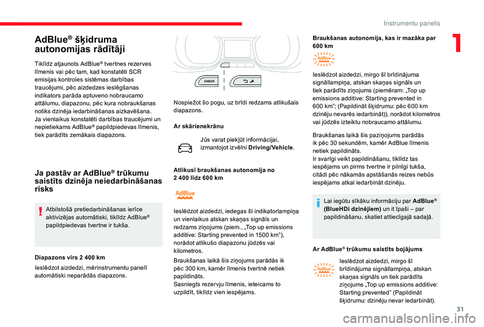 CITROEN JUMPER SPACETOURER 2018  Lietošanas Instrukcija (in Latvian) 31
AdBlue® šķidruma 
autonomijas rādītāji
Tiklīdz atjaunots AdBlue® tvertnes rezer ves 
līmenis vai pēc tam, kad konstatēti SCR 
emisijas kontroles sistēmas darbības 
traucējumi, pēc ai