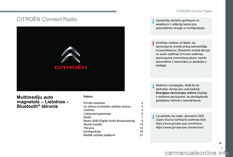 CITROEN JUMPER SPACETOURER 2018 Lietošanas Instrukcija (in Latvian) 1
CITROËN Connect Radio
Multimediju auto
magnetola
–
Lietotnes –
Bluetooth
® tālrunis
Saturs
Pirmās darbības
2
U
z stūres novietotās vadības ierīces
3
I
zvēlnes
4
L
ietoj CITROEN JUMPER SPACETOURER 2018 Lietošanas Instrukcija (in Latvian) 1
CITROËN Connect Radio
Multimediju auto
magnetola
–
Lietotnes –
Bluetooth
® tālrunis
Saturs
Pirmās darbības
2
U
z stūres novietotās vadības ierīces
3
I
zvēlnes
4
L
ietoj
