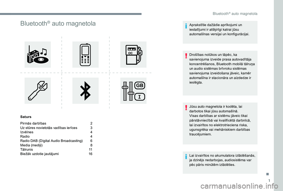 CITROEN JUMPER SPACETOURER 2018  Lietošanas Instrukcija (in Latvian) 1
Bluetooth® auto magnetola
Saturs
Pirmās darbības  
2
U

z stūres novietotās vadības ierīces   
3
I

zvēlnes   
4
R

adio   
4
R

adio DAB (Digital Audio Broadcasting)   
6
M

edia (mediji)  