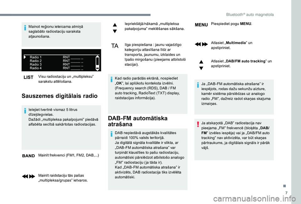 CITROEN JUMPER SPACETOURER 2018  Lietošanas Instrukcija (in Latvian) 7
Visu radiostaciju un „multipleksu” 
sarakstu attēlošana.
Sauszemes digitālais radio
Ielejiet tvertnē vismaz 5 litrus 
dīzeļdegvielas.
Dažādi „multipleksa pakalpojumi” piedāvā 
alfa