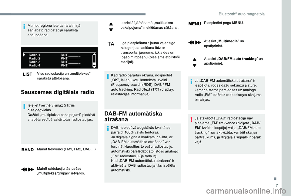CITROEN JUMPER SPACETOURER 2018 Lietošanas Instrukcija (in Latvian) 7
Visu radiostaciju un „multipleksu”
sarakstu attēlošana.
Sauszemes digitālais radio
Ielejiet tvertnē vismaz 5 litrus
dīzeļdegvielas.
Dažādi „multipleksa pakalpojumi” piedāvā
alfa CITROEN JUMPER SPACETOURER 2018 Lietošanas Instrukcija (in Latvian) 7
Visu radiostaciju un „multipleksu”
sarakstu attēlošana.
Sauszemes digitālais radio
Ielejiet tvertnē vismaz 5 litrus
dīzeļdegvielas.
Dažādi „multipleksa pakalpojumi” piedāvā
alfa