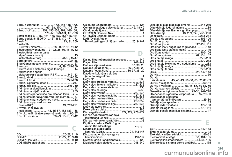 CITROEN JUMPER SPACETOURER 2018  Lietošanas Instrukcija (in Latvian) 295
Ceļojums uz ārzemēm ....................................12 8
Centrālās atslēgas aizslēgšana   ..........45, 
48-49
Cimdu nodalījums
 ........................................... 10

1
CITR