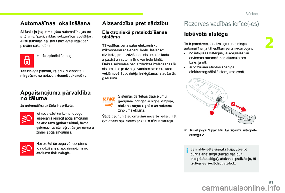 CITROEN JUMPER SPACETOURER 2018 Lietošanas Instrukcija (in Latvian) 51
Automašīnas lokalizēšana
Šī funkcija ļauj atrast jūsu automašīnu jau no
attāluma, īpaši, sliktas redzamības apstākļos.
Jūsu automašīnai jābūt aizslēgtai ilgāk par
piecām CITROEN JUMPER SPACETOURER 2018 Lietošanas Instrukcija (in Latvian) 51
Automašīnas lokalizēšana
Šī funkcija ļauj atrast jūsu automašīnu jau no
attāluma, īpaši, sliktas redzamības apstākļos.
Jūsu automašīnai jābūt aizslēgtai ilgāk par
piecām