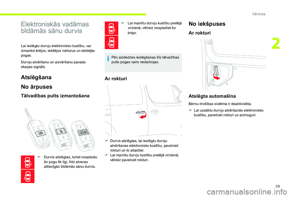CITROEN JUMPER SPACETOURER 2018 Lietošanas Instrukcija (in Latvian) 59
Elektroniskās vadāmas
bīdāmās sānu durvis
Lai ieslēgtu dur vju elektronisko kustību, var
izmantot ārējos, iekšējos rokturus un iekšējās
pogas.
Dur vju atvēršanu un aizvēršanu CITROEN JUMPER SPACETOURER 2018 Lietošanas Instrukcija (in Latvian) 59
Elektroniskās vadāmas
bīdāmās sānu durvis
Lai ieslēgtu dur vju elektronisko kustību, var
izmantot ārējos, iekšējos rokturus un iekšējās
pogas.
Dur vju atvēršanu un aizvēršanu