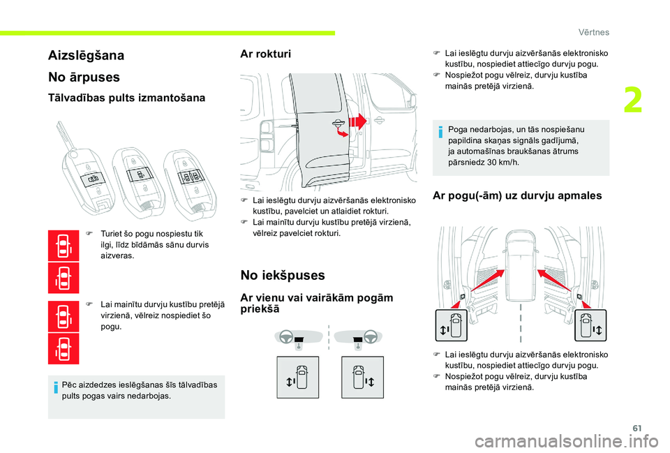 CITROEN JUMPER SPACETOURER 2018 Lietošanas Instrukcija (in Latvian) 61
Aizslēgšana
No ārpuses
Tālvadības pults izmantošana
F Turiet šo pogu nospiestu tik ilgi, līdz bīdāmās sānu dur vis
aizveras.
F
L
ai mainītu dur vju kustību pretējā
virzienā, v CITROEN JUMPER SPACETOURER 2018 Lietošanas Instrukcija (in Latvian) 61
Aizslēgšana
No ārpuses
Tālvadības pults izmantošana
F Turiet šo pogu nospiestu tik ilgi, līdz bīdāmās sānu dur vis
aizveras.
F
L
ai mainītu dur vju kustību pretējā
virzienā, v