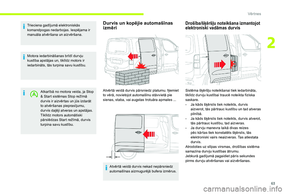 CITROEN JUMPER SPACETOURER 2018  Lietošanas Instrukcija (in Latvian) 63
Trieciena gadījumā elektroniskās 
komandpogas nedarbojas. Iespējama ir 
manuāla atvēršana un aizvēršana.
Motora iedarbināšanas brīdī dur vju 
kustība apstājas un, tiklīdz motors ir 