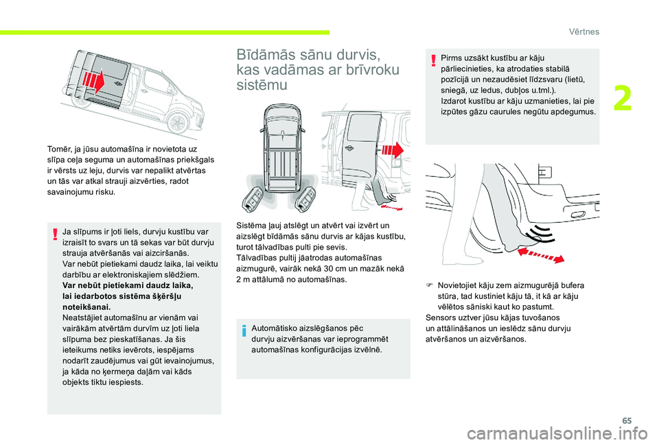 CITROEN JUMPER SPACETOURER 2018  Lietošanas Instrukcija (in Latvian) 65
Tomēr, ja jūsu automašīna ir novietota uz 
slīpa ceļa seguma un automašīnas priekšgals 
ir vērsts uz leju, dur vis var nepalikt atvērtas 
un tās var atkal strauji aizvērties, radot 
sa