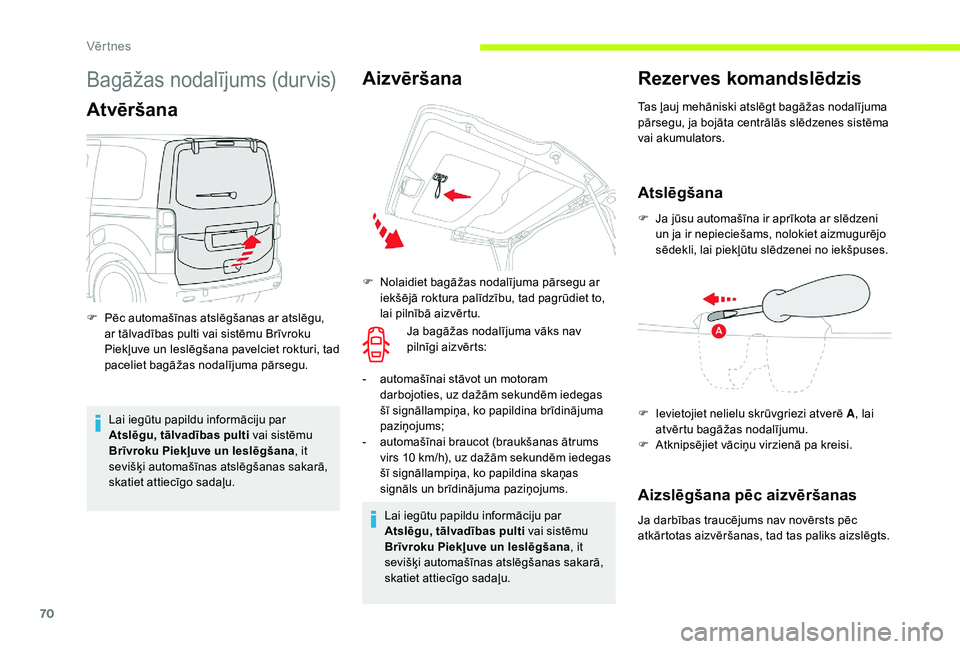 CITROEN JUMPER SPACETOURER 2018 Lietošanas Instrukcija (in Latvian) 70
Bagāžas nodalījums (durvis)
Atvēršana
Lai iegūtu papildu informāciju par
Atslēgu, tālvadības pulti vai sistēmu
Brīvroku Piekļuve un Ieslēgšana, it
sevišķi automašīnas atslēg CITROEN JUMPER SPACETOURER 2018 Lietošanas Instrukcija (in Latvian) 70
Bagāžas nodalījums (durvis)
Atvēršana
Lai iegūtu papildu informāciju par
Atslēgu, tālvadības pulti vai sistēmu
Brīvroku Piekļuve un Ieslēgšana, it
sevišķi automašīnas atslēg