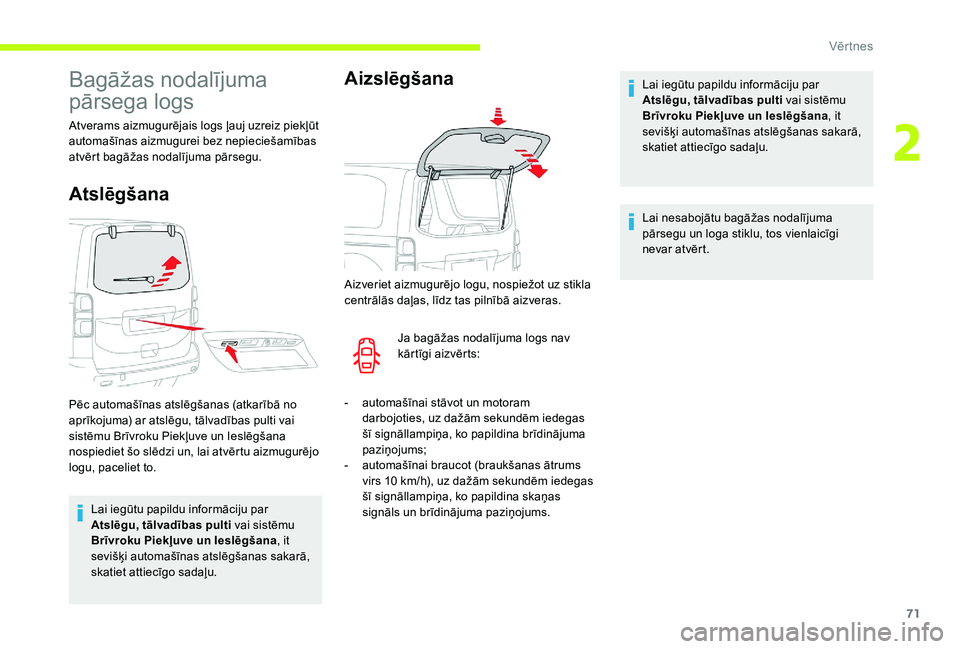 CITROEN JUMPER SPACETOURER 2018 Lietošanas Instrukcija (in Latvian) 71
Bagāžas nodalījuma
pārsega logs
Atverams aizmugurējais logs ļauj uzreiz piekļūt
automašīnas aizmugurei bez nepieciešamības
atvērt bagāžas nodalījuma pārsegu.
Atslēgšana
Lai ie CITROEN JUMPER SPACETOURER 2018 Lietošanas Instrukcija (in Latvian) 71
Bagāžas nodalījuma
pārsega logs
Atverams aizmugurējais logs ļauj uzreiz piekļūt
automašīnas aizmugurei bez nepieciešamības
atvērt bagāžas nodalījuma pārsegu.
Atslēgšana
Lai ie