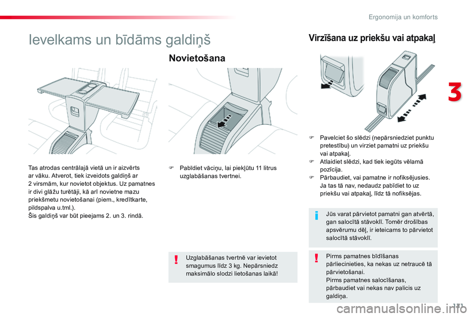 CITROEN JUMPER SPACETOURER 2017 Lietošanas Instrukcija (in Latvian) 121
Spacetourer-VP_lv_Chap03_ergonomie-et-confort_ed01-2016
Ievelkams un bīdāms galdiņš
Novietošana
Pirms pamatnes bīdīšanas
pārliecinieties, ka nekas uz netraucē tā
pārvietošanai.
Pirm CITROEN JUMPER SPACETOURER 2017 Lietošanas Instrukcija (in Latvian) 121
Spacetourer-VP_lv_Chap03_ergonomie-et-confort_ed01-2016
Ievelkams un bīdāms galdiņš
Novietošana
Pirms pamatnes bīdīšanas
pārliecinieties, ka nekas uz netraucē tā
pārvietošanai.
Pirm