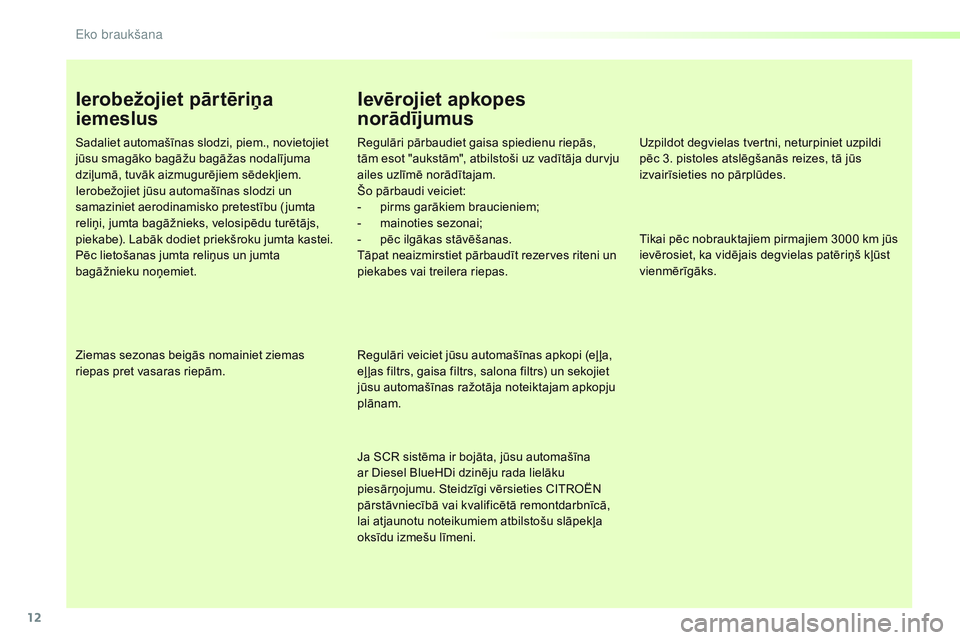 CITROEN JUMPER SPACETOURER 2017  Lietošanas Instrukcija (in Latvian) 12
Spacetourer-VP_lv_Chap00c_eco-conduite_ed01-2016
Ierobežojiet pārtēriņa 
iemeslus
Sadaliet automašīnas slodzi, piem., novietojiet 
jūsu smagāko bagāžu bagāžas nodalījuma 
dziļumā, tu