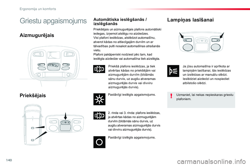 CITROEN JUMPER SPACETOURER 2017 Lietošanas Instrukcija (in Latvian) 140
Spacetourer-VP_lv_Chap03_ergonomie-et-confort_ed01-2016
Lampiņas lasīšanai
PriekšējaisGriestu apgaismojumsAutomātiska ieslēgšanās /
izslēgšanās
Priekšējais un aizmugurējais plafons CITROEN JUMPER SPACETOURER 2017 Lietošanas Instrukcija (in Latvian) 140
Spacetourer-VP_lv_Chap03_ergonomie-et-confort_ed01-2016
Lampiņas lasīšanai
PriekšējaisGriestu apgaismojumsAutomātiska ieslēgšanās /
izslēgšanās
Priekšējais un aizmugurējais plafons