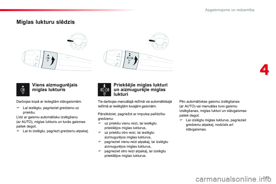 CITROEN JUMPER SPACETOURER 2017 Lietošanas Instrukcija (in Latvian) 145
Spacetourer-VP_lv_Chap04_eclairage-et-visibilite_ed01-2016
Miglas lukturu slēdzis
Priekšējie miglas lukturi
un aizmugurējie miglas
lukturi
Viens aizmugurējais
miglas lukturis
F Lai ieslēg CITROEN JUMPER SPACETOURER 2017 Lietošanas Instrukcija (in Latvian) 145
Spacetourer-VP_lv_Chap04_eclairage-et-visibilite_ed01-2016
Miglas lukturu slēdzis
Priekšējie miglas lukturi
un aizmugurējie miglas
lukturi
Viens aizmugurējais
miglas lukturis
F Lai ieslēg
