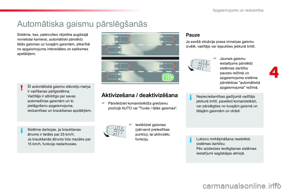 CITROEN JUMPER SPACETOURER 2017 Lietošanas Instrukcija (in Latvian) 151
Spacetourer-VP_lv_Chap04_eclairage-et-visibilite_ed01-2016
Automātiska gaismu pārslēgšanās
Sistēma, kas, pateicoties vējstikla augšdaļā
novietotai kamerai, automātiski pārslēdz
tāl CITROEN JUMPER SPACETOURER 2017 Lietošanas Instrukcija (in Latvian) 151
Spacetourer-VP_lv_Chap04_eclairage-et-visibilite_ed01-2016
Automātiska gaismu pārslēgšanās
Sistēma, kas, pateicoties vējstikla augšdaļā
novietotai kamerai, automātiski pārslēdz
tāl
