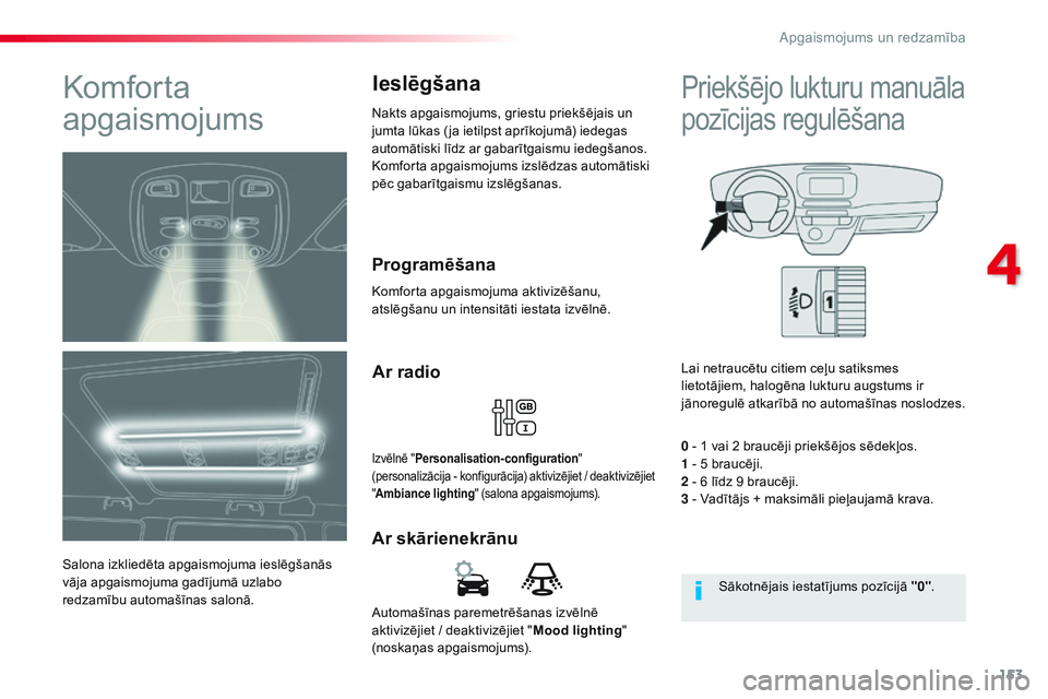 CITROEN JUMPER SPACETOURER 2017 Lietošanas Instrukcija (in Latvian) 153
Spacetourer-VP_lv_Chap04_eclairage-et-visibilite_ed01-2016
Automašīnas paremetrēšanas izvēlnē
aktivizējiet / deaktivizējiet "Mood lighting"
(noskaņas apgaismojums).
Ar skāriene CITROEN JUMPER SPACETOURER 2017 Lietošanas Instrukcija (in Latvian) 153
Spacetourer-VP_lv_Chap04_eclairage-et-visibilite_ed01-2016
Automašīnas paremetrēšanas izvēlnē
aktivizējiet / deaktivizējiet "Mood lighting"
(noskaņas apgaismojums).
Ar skāriene
