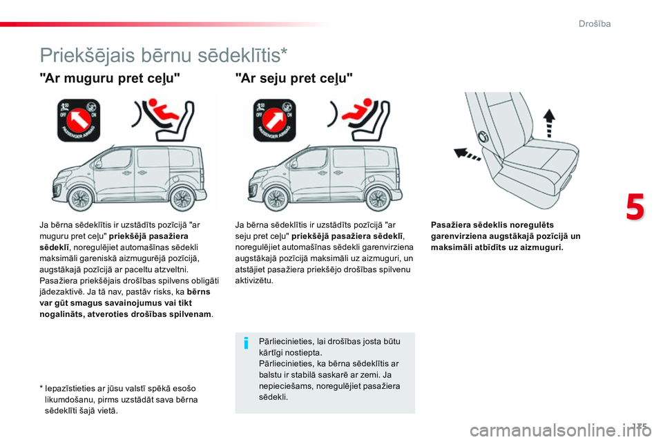 CITROEN JUMPER SPACETOURER 2017 Lietošanas Instrukcija (in Latvian) 175
Spacetourer-VP_lv_Chap05_securite_ed01-2016
Pasažiera sēdeklis noregulēts
garenvirziena augstākajā pozīcijā un
maksimāli atbīdīts uz aizmuguri.
"Ar muguru pret ceļu"
Priekšē CITROEN JUMPER SPACETOURER 2017 Lietošanas Instrukcija (in Latvian) 175
Spacetourer-VP_lv_Chap05_securite_ed01-2016
Pasažiera sēdeklis noregulēts
garenvirziena augstākajā pozīcijā un
maksimāli atbīdīts uz aizmuguri.
"Ar muguru pret ceļu"
Priekšē
