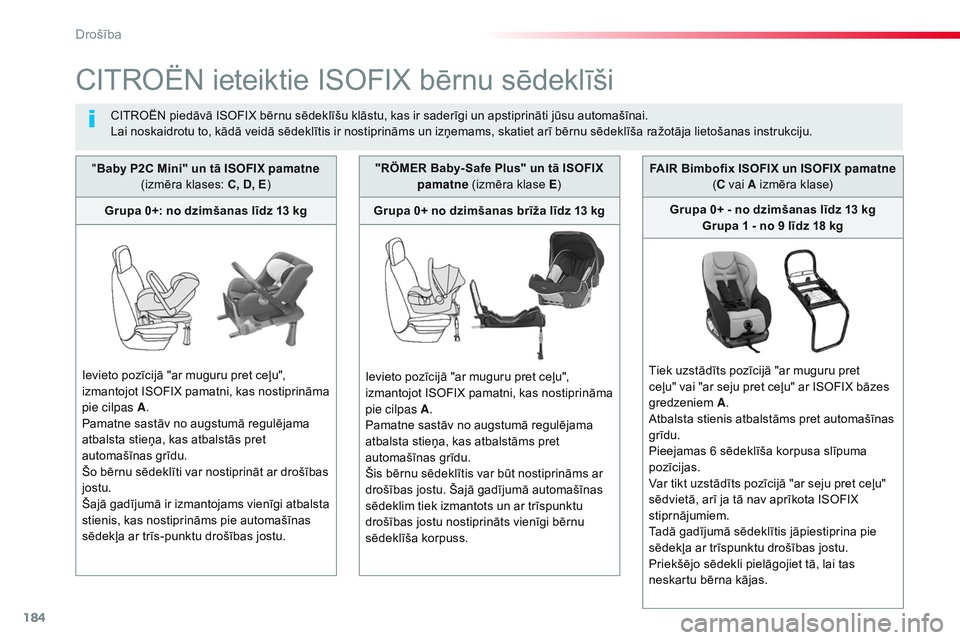 CITROEN JUMPER SPACETOURER 2017 Lietošanas Instrukcija (in Latvian) 184
Spacetourer-VP_lv_Chap05_securite_ed01-2016
CITROËN ieteiktie ISOFIX bērnu sēdeklīši
CITROËN piedāvā ISOFIX bērnu sēdeklīšu klāstu, kas ir saderīgi un apstiprināti jūsu automašīn CITROEN JUMPER SPACETOURER 2017 Lietošanas Instrukcija (in Latvian) 184
Spacetourer-VP_lv_Chap05_securite_ed01-2016
CITROËN ieteiktie ISOFIX bērnu sēdeklīši
CITROËN piedāvā ISOFIX bērnu sēdeklīšu klāstu, kas ir saderīgi un apstiprināti jūsu automašīn
