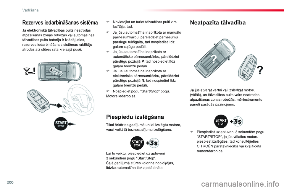 CITROEN JUMPER SPACETOURER 2017 Lietošanas Instrukcija (in Latvian) 200
Spacetourer-VP_lv_Chap06_conduite_ed01-2016
Rezerves iedarbināšanas sistēma
Ja elektroniskā tālvadības pults neatrodas
atpazīšanas zonas robežās vai automašīnas
tālvadības pults ba CITROEN JUMPER SPACETOURER 2017 Lietošanas Instrukcija (in Latvian) 200
Spacetourer-VP_lv_Chap06_conduite_ed01-2016
Rezerves iedarbināšanas sistēma
Ja elektroniskā tālvadības pults neatrodas
atpazīšanas zonas robežās vai automašīnas
tālvadības pults ba