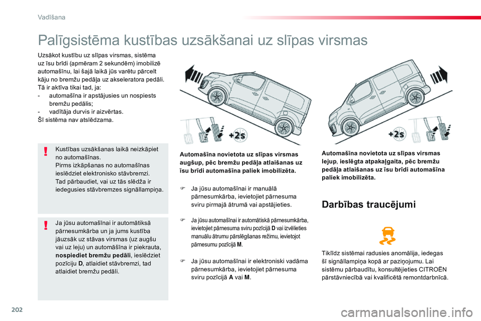 CITROEN JUMPER SPACETOURER 2017 Lietošanas Instrukcija (in Latvian) 202
Spacetourer-VP_lv_Chap06_conduite_ed01-2016
Palīgsistēma kustības uzsākšanai uz slīpas virsmas
Uzsākot kustību uz slīpas virsmas, sistēma
uz īsu brīdi (apmēram 2 sekundēm) imobiliz CITROEN JUMPER SPACETOURER 2017 Lietošanas Instrukcija (in Latvian) 202
Spacetourer-VP_lv_Chap06_conduite_ed01-2016
Palīgsistēma kustības uzsākšanai uz slīpas virsmas
Uzsākot kustību uz slīpas virsmas, sistēma
uz īsu brīdi (apmēram 2 sekundēm) imobiliz