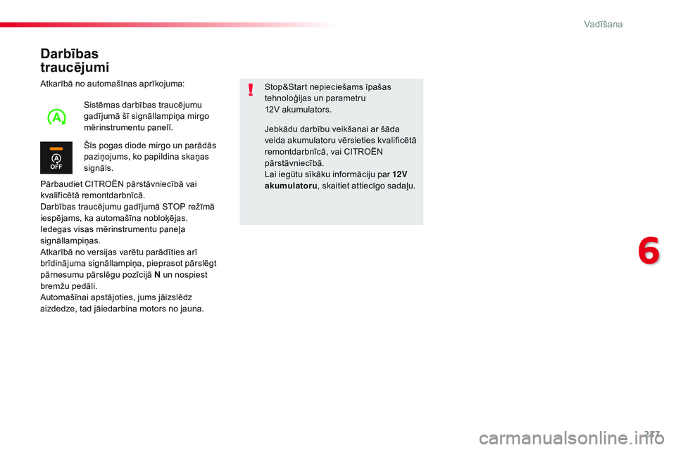 CITROEN JUMPER SPACETOURER 2017 Lietošanas Instrukcija (in Latvian) 217
Spacetourer-VP_lv_Chap06_conduite_ed01-2016
Darbības
traucējumi
Atkarībā no automašīnas aprīkojuma:
Pārbaudiet CITROËN pārstāvniecībā vai
kvalificētā remontdarbnīcā.
Darbības CITROEN JUMPER SPACETOURER 2017 Lietošanas Instrukcija (in Latvian) 217
Spacetourer-VP_lv_Chap06_conduite_ed01-2016
Darbības
traucējumi
Atkarībā no automašīnas aprīkojuma:
Pārbaudiet CITROËN pārstāvniecībā vai
kvalificētā remontdarbnīcā.
Darbības