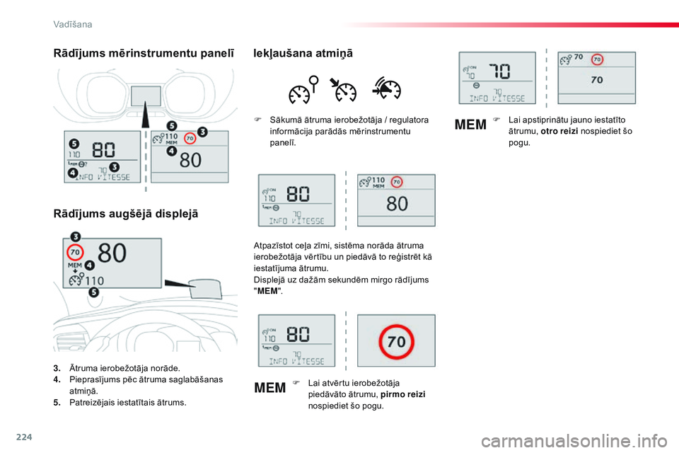CITROEN JUMPER SPACETOURER 2017 Lietošanas Instrukcija (in Latvian) 224
MEMMEM
Spacetourer-VP_lv_Chap06_conduite_ed01-2016
3. Ātruma ierobežotāja norāde.
4. P
ieprasījums pēc ātruma saglabāšanas
atmiņā.
5.
P
atreizējais iestatītais ātrums.
Rādījums CITROEN JUMPER SPACETOURER 2017 Lietošanas Instrukcija (in Latvian) 224
MEMMEM
Spacetourer-VP_lv_Chap06_conduite_ed01-2016
3. Ātruma ierobežotāja norāde.
4. P
ieprasījums pēc ātruma saglabāšanas
atmiņā.
5.
P
atreizējais iestatītais ātrums.
Rādījums