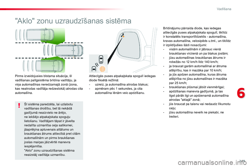 CITROEN JUMPER SPACETOURER 2017 Lietošanas Instrukcija (in Latvian) 249
Spacetourer-VP_lv_Chap06_conduite_ed01-2016
"Aklo" zonu uzraudzīšanas sistēma
Attiecīgās puses atpakaļskata spogulī iedegas
diode fiksētā režīmā:
-
u
zreiz, ja automašīna CITROEN JUMPER SPACETOURER 2017 Lietošanas Instrukcija (in Latvian) 249
Spacetourer-VP_lv_Chap06_conduite_ed01-2016
"Aklo" zonu uzraudzīšanas sistēma
Attiecīgās puses atpakaļskata spogulī iedegas
diode fiksētā režīmā:
-
u
zreiz, ja automašīna