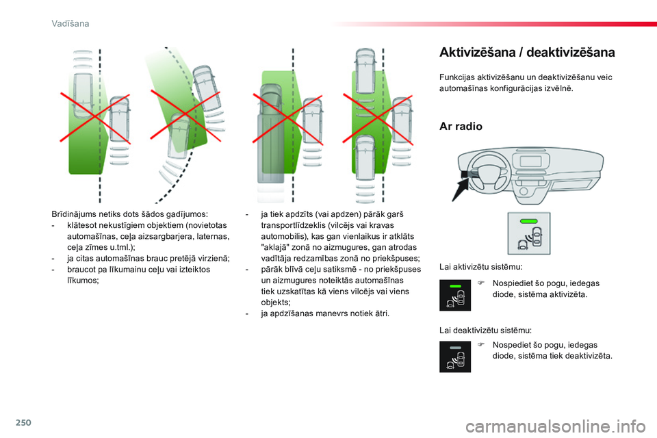 CITROEN JUMPER SPACETOURER 2017 Lietošanas Instrukcija (in Latvian) 250
Spacetourer-VP_lv_Chap06_conduite_ed01-2016
Brīdinājums netiks dots šādos gadījumos:
- k lātesot nekustīgiem objektiem (novietotas
automašīnas, ceļa aizsargbarjera, laternas,
ceļa zī CITROEN JUMPER SPACETOURER 2017 Lietošanas Instrukcija (in Latvian) 250
Spacetourer-VP_lv_Chap06_conduite_ed01-2016
Brīdinājums netiks dots šādos gadījumos:
- k lātesot nekustīgiem objektiem (novietotas
automašīnas, ceļa aizsargbarjera, laternas,
ceļa zī