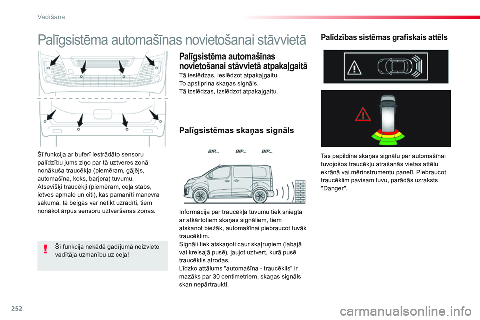 CITROEN JUMPER SPACETOURER 2017 Lietošanas Instrukcija (in Latvian) 252
Spacetourer-VP_lv_Chap06_conduite_ed01-2016
Šī funkcija ar buferī iestrādāto sensoru
palīdzību jums ziņo par tā uztveres zonā
nonākuša traucēkļa (piemēram, gājējs,
automašīna CITROEN JUMPER SPACETOURER 2017 Lietošanas Instrukcija (in Latvian) 252
Spacetourer-VP_lv_Chap06_conduite_ed01-2016
Šī funkcija ar buferī iestrādāto sensoru
palīdzību jums ziņo par tā uztveres zonā
nonākuša traucēkļa (piemēram, gājējs,
automašīna