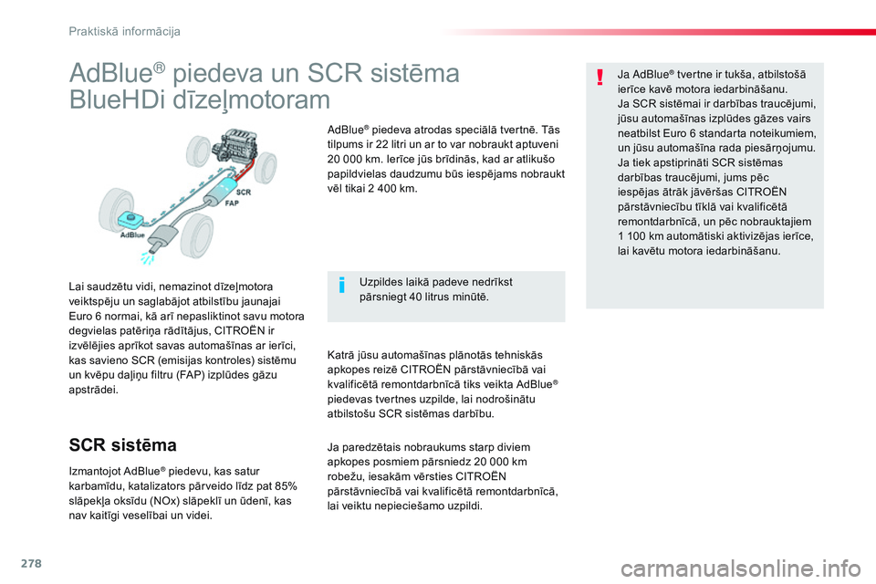 CITROEN JUMPER SPACETOURER 2017  Lietošanas Instrukcija (in Latvian) 278
Spacetourer-VP_lv_Chap07_info-pratiques_ed01-2016
AdBlue® piedeva un SCR sistēma
BlueHDi dīzeļmotoram
Lai saudzētu vidi, nemazinot dīzeļmotora 
veiktspēju un saglabājot atbilstību jaunaj