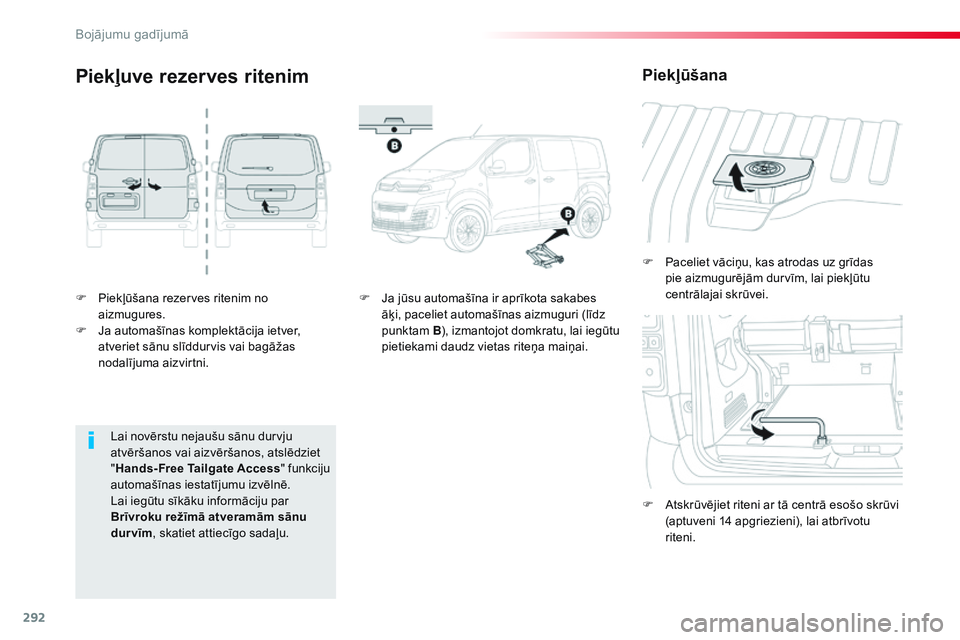CITROEN JUMPER SPACETOURER 2017  Lietošanas Instrukcija (in Latvian) 292
Spacetourer-VP_lv_Chap08_En-cas-de-panne_ed01-2016
F Piekļūšana rezerves ritenim no aizmugures.
F
 
J
 a automašīnas komplektācija ietver, 
atveriet sānu slīddurvis vai bagāžas 
nodalīj
