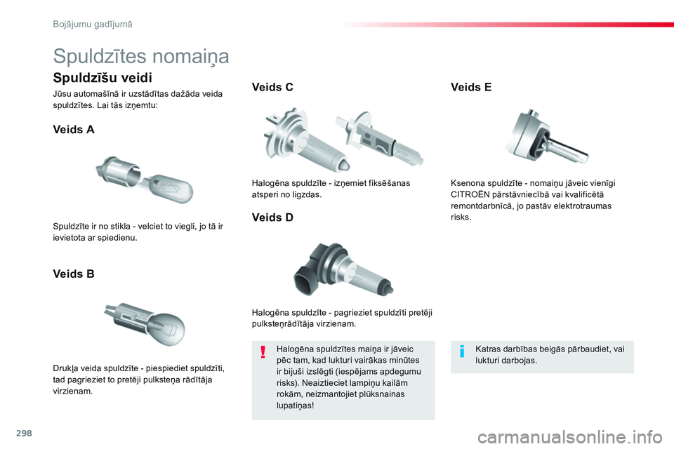 CITROEN JUMPER SPACETOURER 2017  Lietošanas Instrukcija (in Latvian) 298
Spacetourer-VP_lv_Chap08_En-cas-de-panne_ed01-2016
Spuldzītes nomaiņa
Halogēna spuldzīte - pagrieziet spuldzīti pretēji 
pulksteņrādītāja virzienam.
Veids A
Drukļa veida spuldzīte - pi