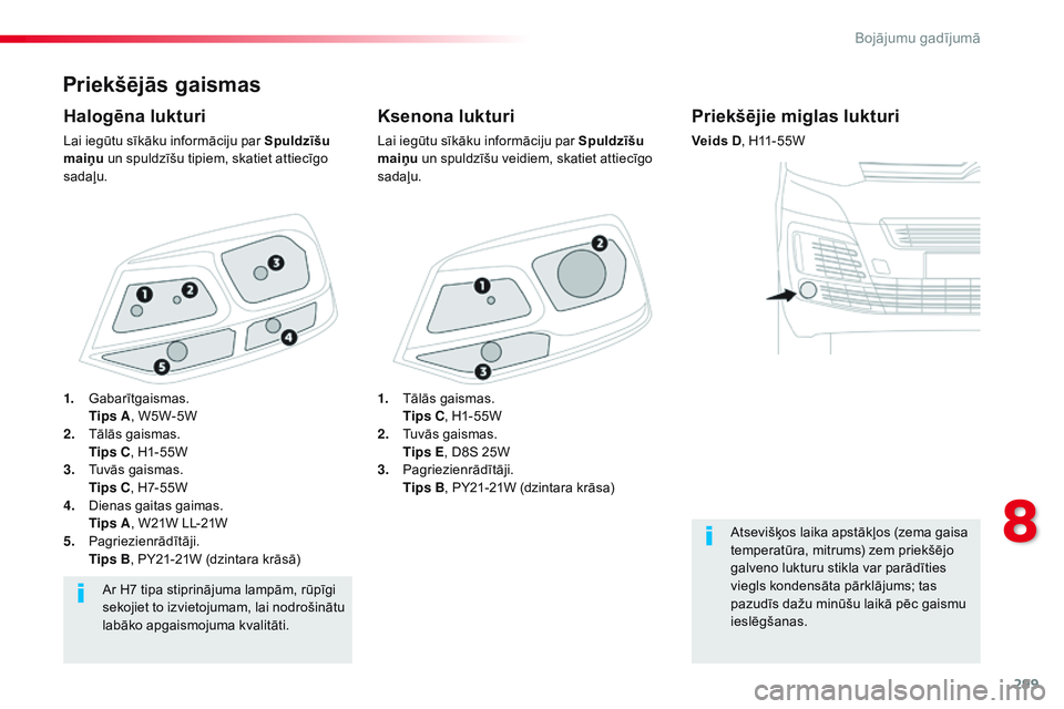CITROEN JUMPER SPACETOURER 2017 Lietošanas Instrukcija (in Latvian) 299
Spacetourer-VP_lv_Chap08_En-cas-de-panne_ed01-2016
Priekšējās gaismas
Ksenona lukturi
Lai iegūtu sīkāku informāciju par Spuldzīšu
maiņu un spuldzīšu veidiem, skatiet attiecīgo
sada CITROEN JUMPER SPACETOURER 2017 Lietošanas Instrukcija (in Latvian) 299
Spacetourer-VP_lv_Chap08_En-cas-de-panne_ed01-2016
Priekšējās gaismas
Ksenona lukturi
Lai iegūtu sīkāku informāciju par Spuldzīšu
maiņu un spuldzīšu veidiem, skatiet attiecīgo
sada